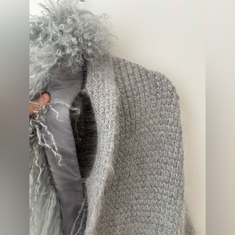 Wool Blend Cardigan Coat With Removable Mongolian Fur Collar Gray Size L - Picture 11 of 13
